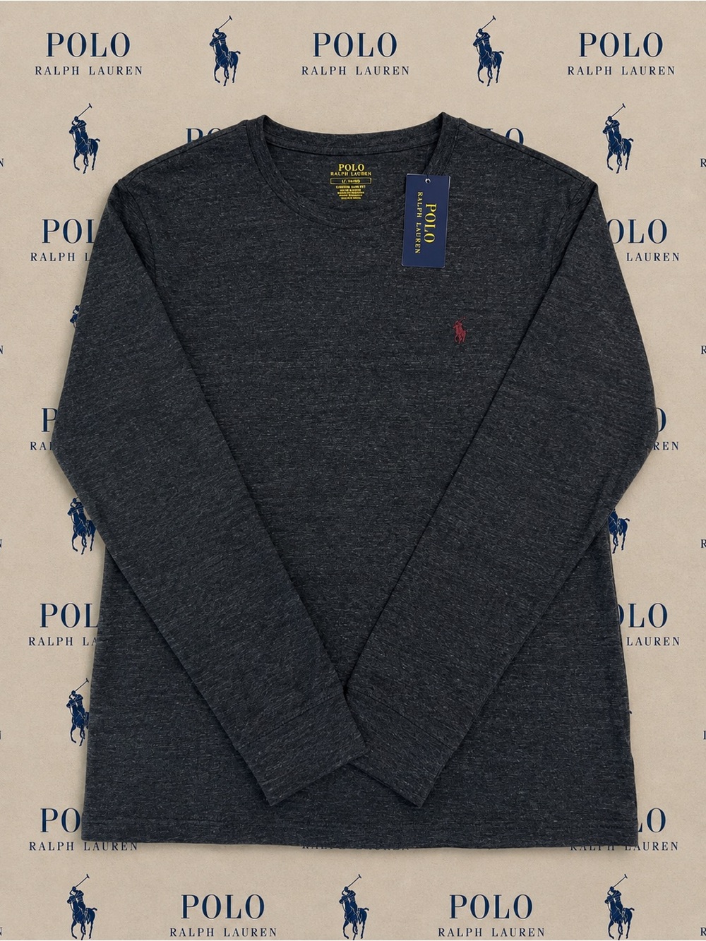 Ralph Lauren Long Sleeve Crewneck Tee in Charcoal with Red Pony